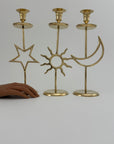 Vintage Brass Sun, Moon & Star Candlestick Trio – Celestial Mid-Century Modern Candle Holders