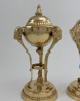 Pair of Vintage Brass Urns with Rams’ Heads & Flame Finials