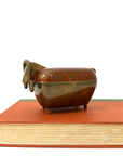 Vintage Brass Ram Trinket Box with Red Floral Enamel Lid | Mid-Century Decorative Storage Box