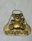 Vintage Brass Teddy Bear Hanging Welcome Sign
