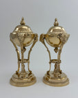Pair of Vintage Brass Urns with Rams’ Heads & Flame Finials