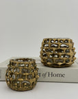 Vintage Brass Brutalist Style Candleholders With Glass Inserts-A Pair
