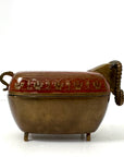 Vintage Brass Ram Trinket Box with Red Floral Enamel Lid | Mid-Century Decorative Storage Box
