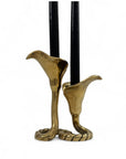 Vintage Brass Calla Lily Candleholders – Interlocking Pair, Made in Hong Kong – Elegant Mid-Century Taper Holders (Set of 2)