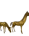 Large Vintage Brass Horse Sculptures – Grazing and Standing Pair (14.5 and 13.5 inches long)