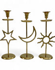 Vintage Brass Sun, Moon & Star Candlestick Trio – Celestial Mid-Century Modern Candle Holders