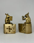 Vintage Brass Mice Reading Books Atop a Slice of Cheese-A Pair