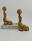 Vintage Brass Seal Bookends with Ball-A Pair