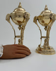 Pair of Vintage Brass Urns with Rams’ Heads & Flame Finials