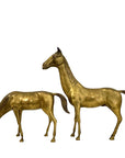 Large Vintage Brass Horse Sculptures – Grazing and Standing Pair (14.5 and 13.5 inches long)