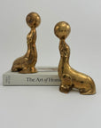 Vintage Brass Seal Bookends with Ball-A Pair