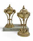 Pair of Vintage Brass Urns with Rams’ Heads & Flame Finials
