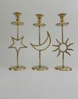 Vintage Brass Sun, Moon & Star Candlestick Trio – Celestial Mid-Century Modern Candle Holders