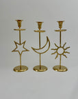 Vintage Brass Sun, Moon & Star Candlestick Trio – Celestial Mid-Century Modern Candle Holders
