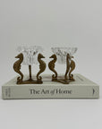 Vintage Brass Seahorse Stands with Crystal Inserts-A Pair