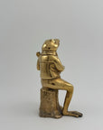 Melodic Croak: Brass Frog Guitarist Figurine Vintage Brass Frog on Stump Playing Guitar