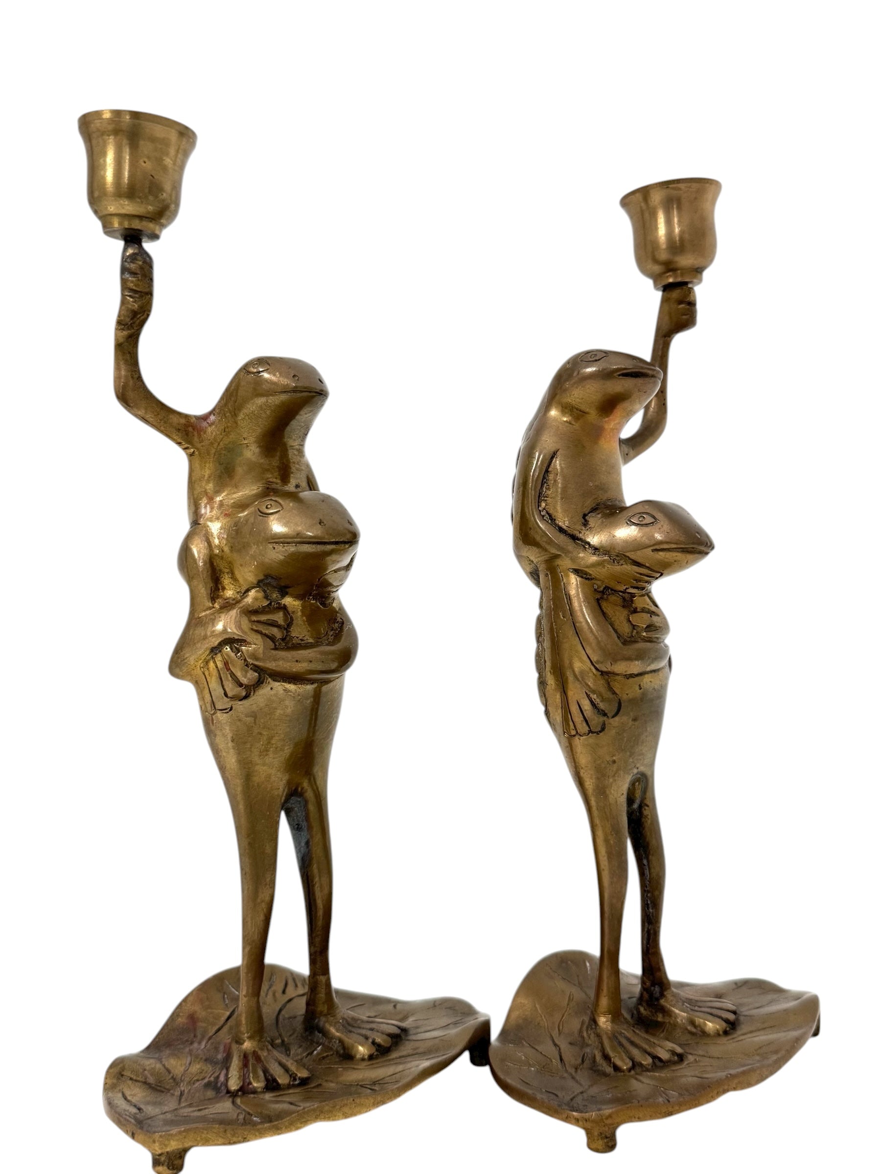 Vintage Brass Frog Couple Candle Holders | Mid-Century Whimsical Pair on Lily Pads