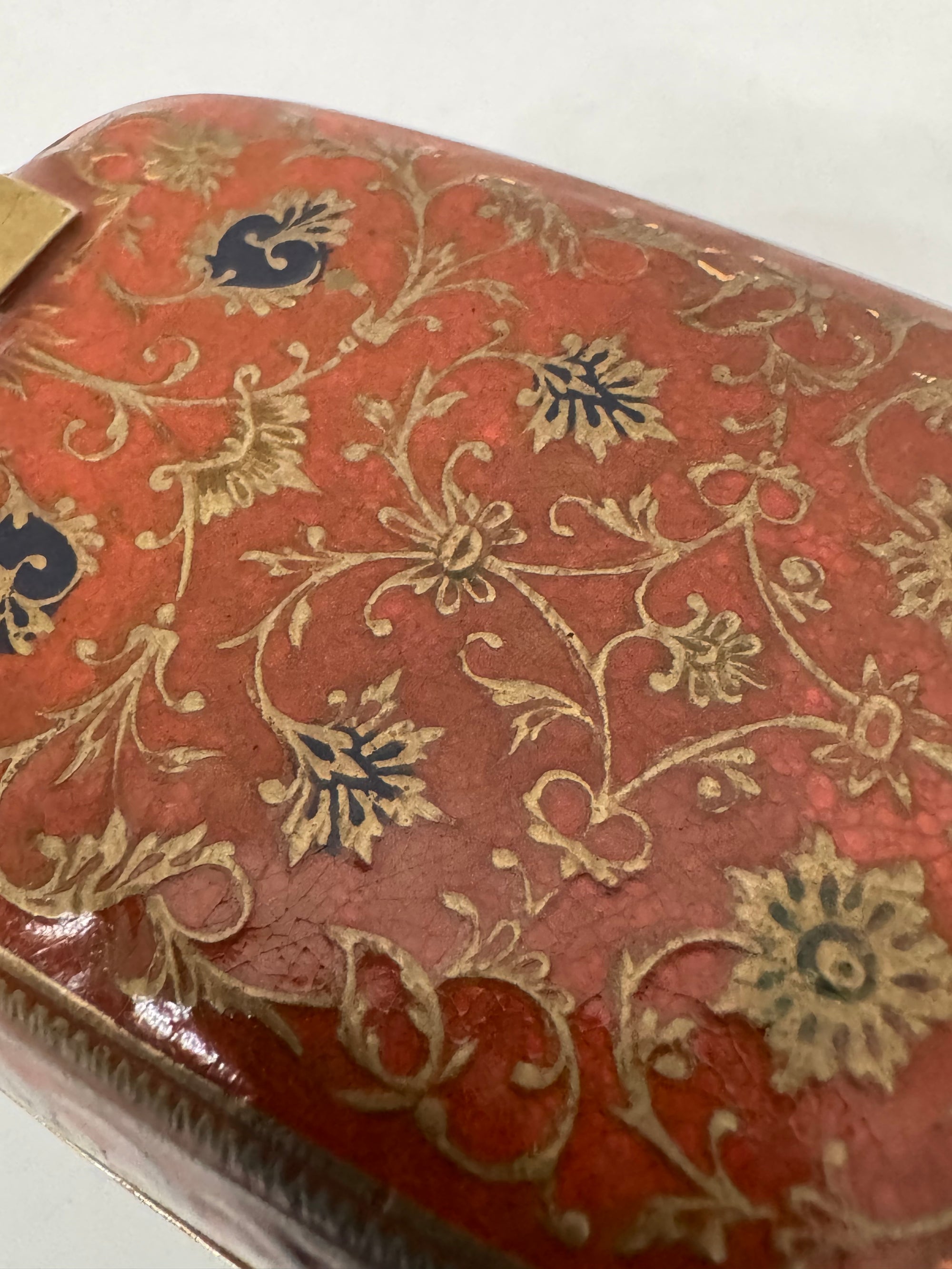 Vintage Brass Ram Trinket Box with Red Floral Enamel Lid | Mid-Century Decorative Storage Box