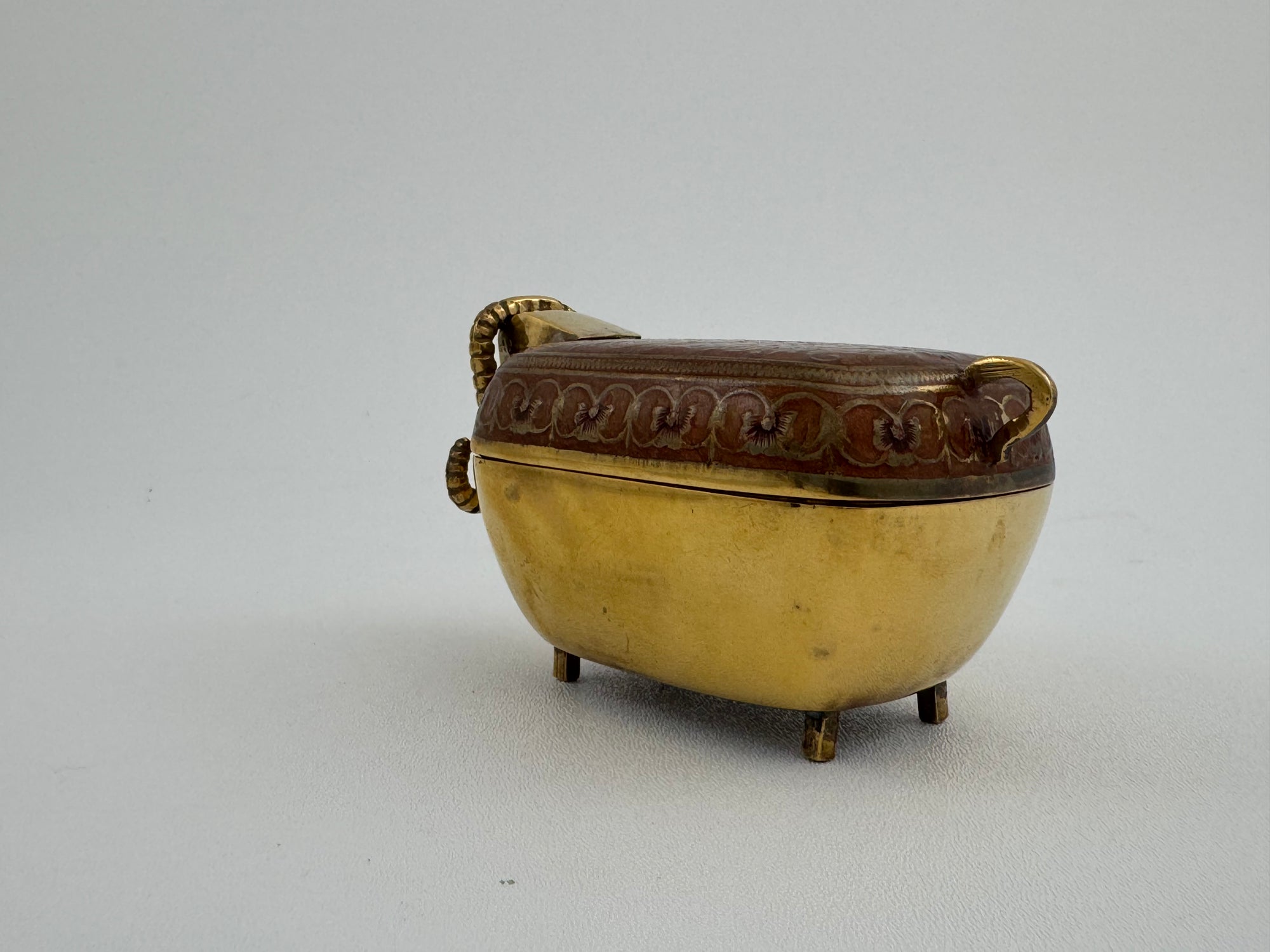Vintage Brass Goat Trinket Dish With Enameled Etchings