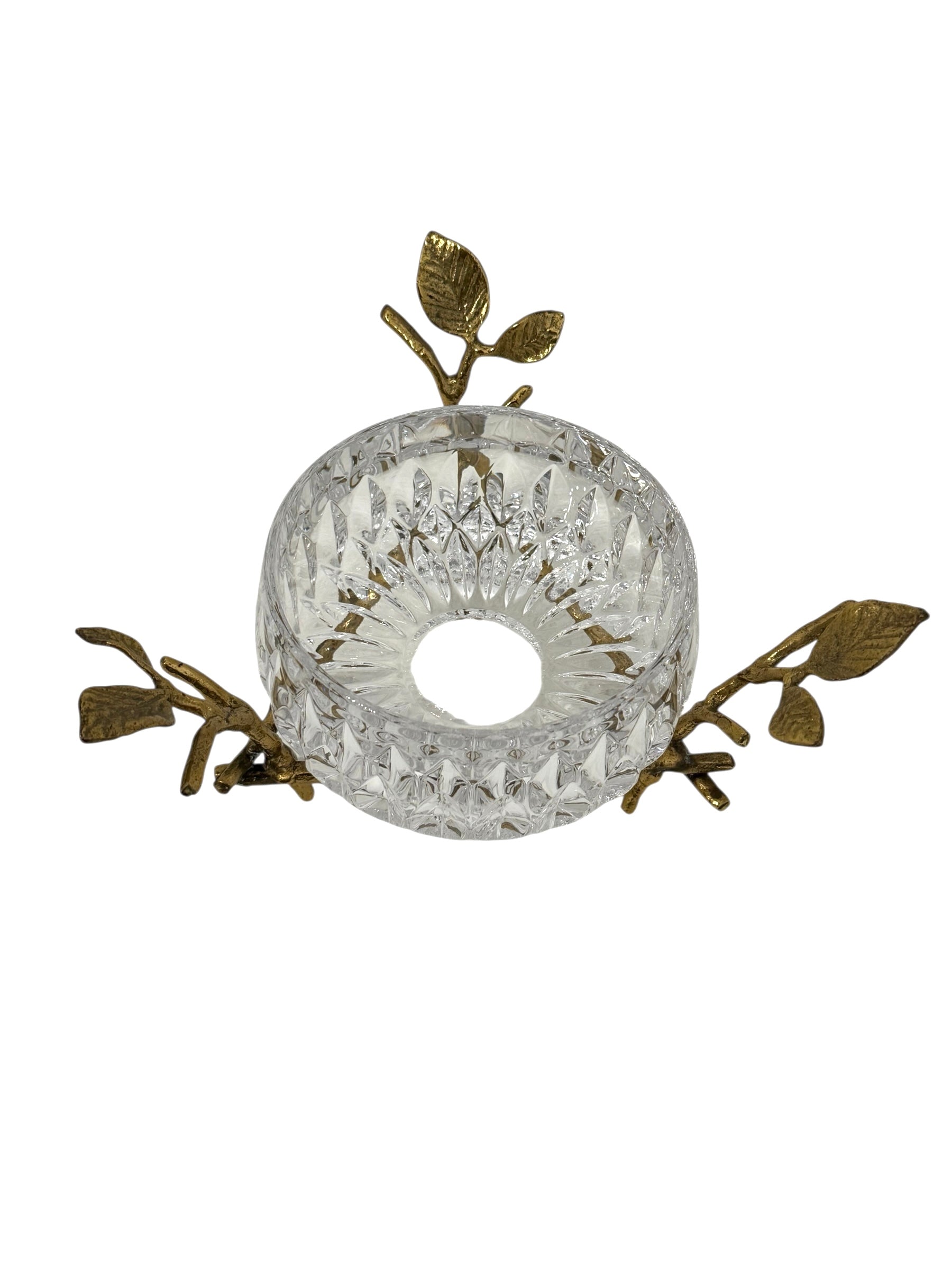 Vintage Cut Crystal Bowl with Ornate Brass Branch &amp; Leaf Stand – Mid-Century Elegance