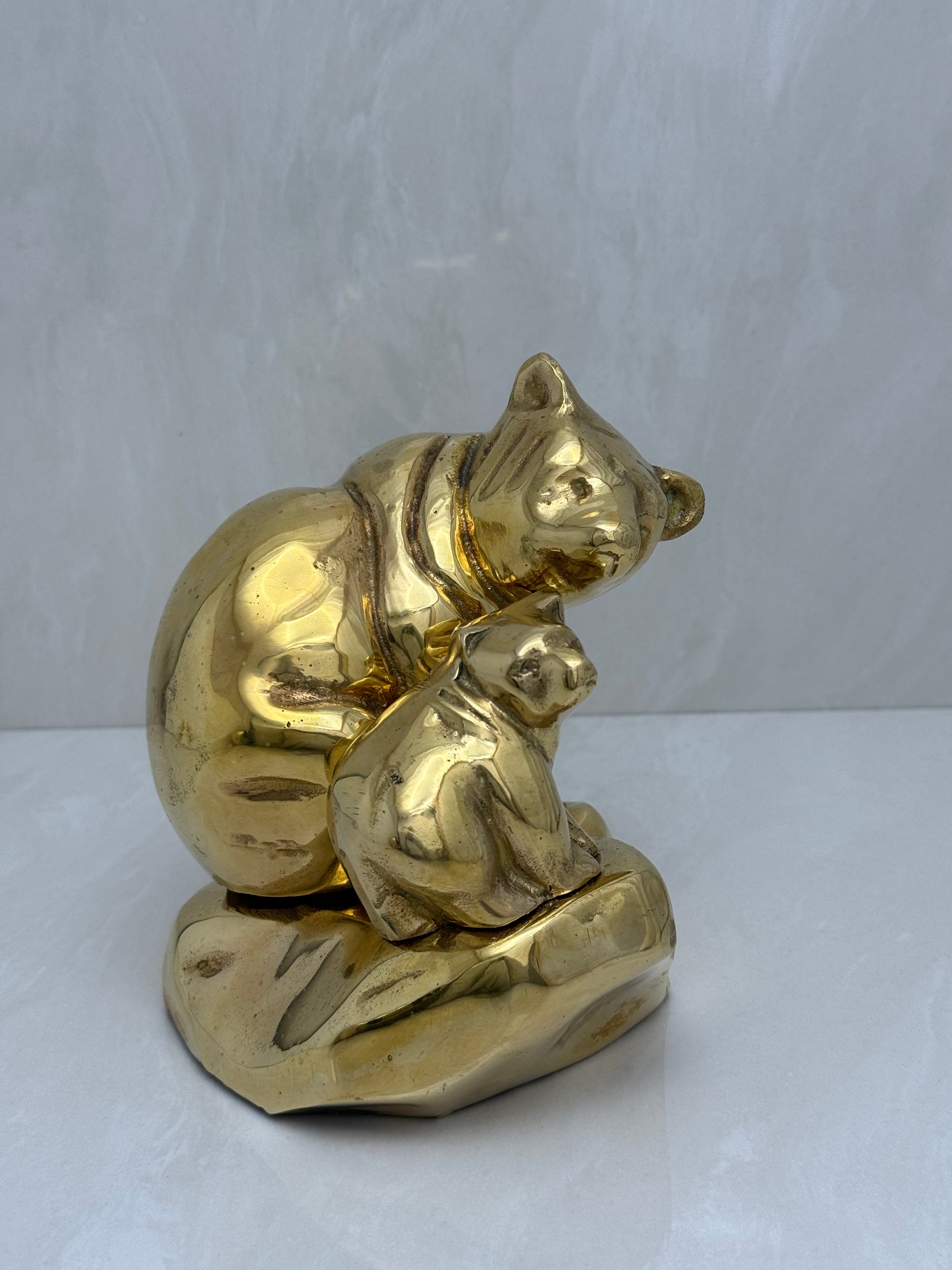 Vintage Brass Mama Bear and Cub on Rock