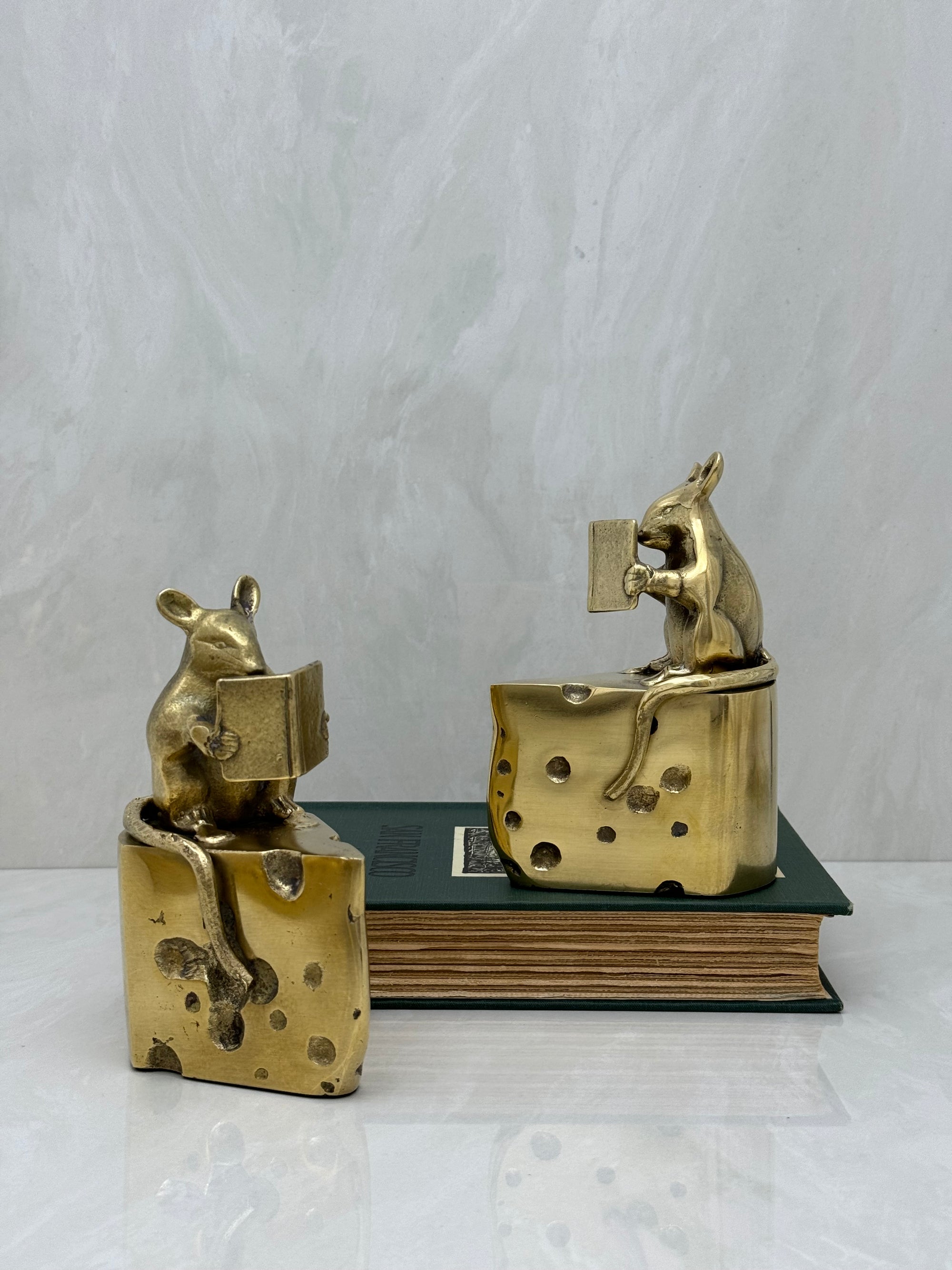 Vintage Brass Mice Reading Books Atop a Slice of Cheese-A Pair