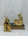 Vintage Brass Mice Reading Books Atop a Slice of Cheese-A Pair