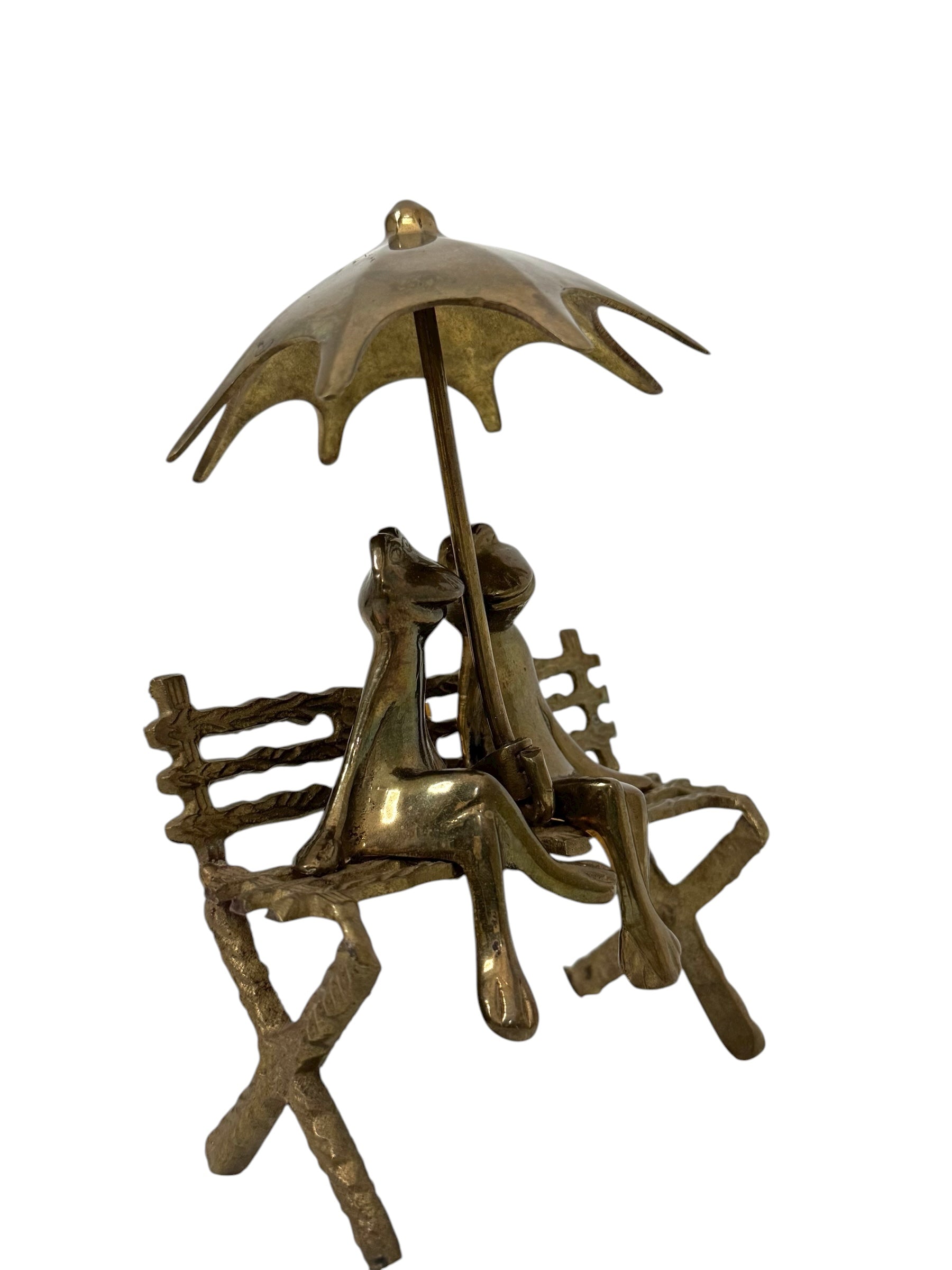 Vintage Brass Frog Couple Under Umbrella | Mid-Century Whimsical Figurine