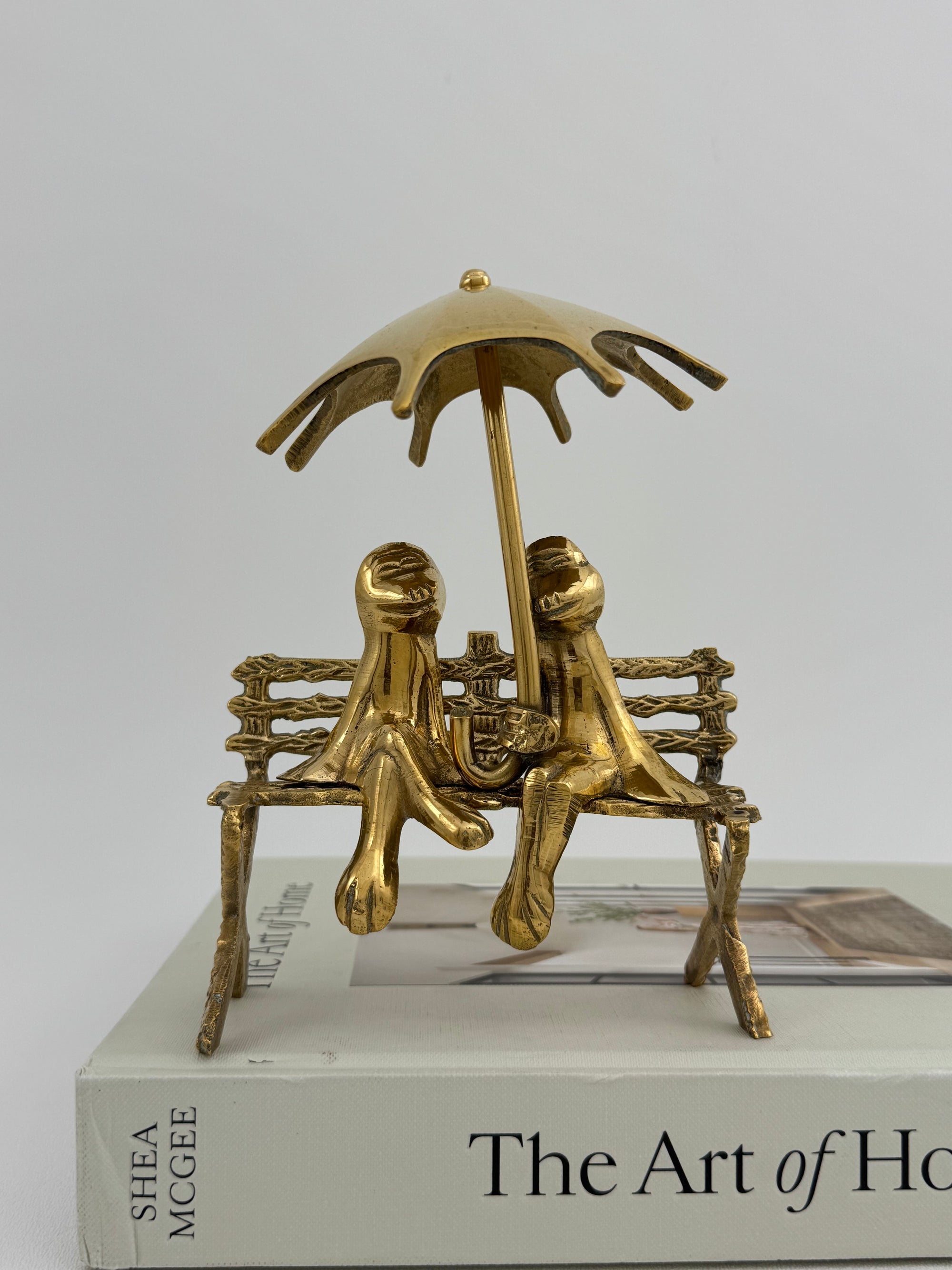 Vintage Brass Charming Frog Couple on Bench Under Umbrella