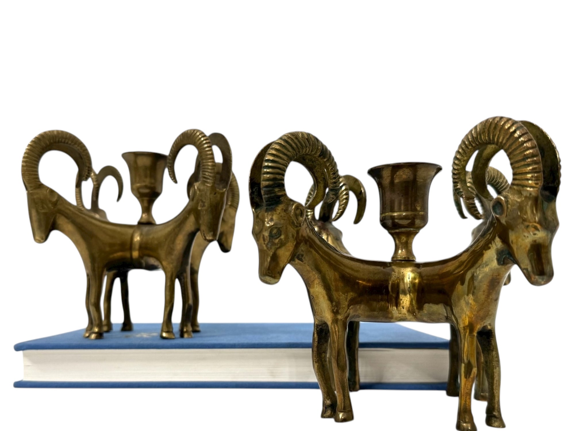 Exceptional Pair of Vintage Four-Headed Ram Brass Candleholders – MCM Sculptural Decor | Hollywood Regency Masterpieces