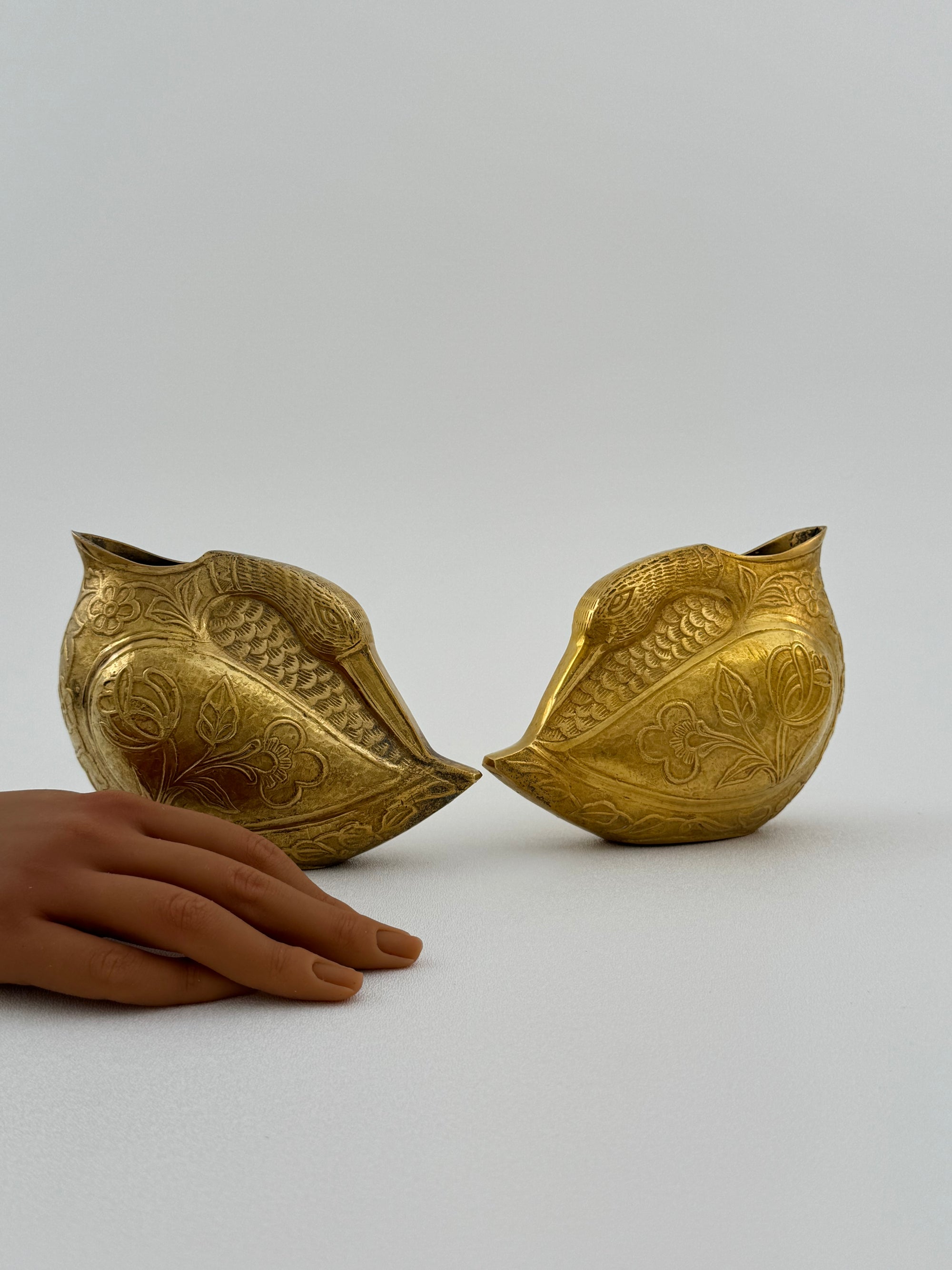 Vintage Brass Etched Bird Vases/Stash Pot/Small Planters – Set of 2