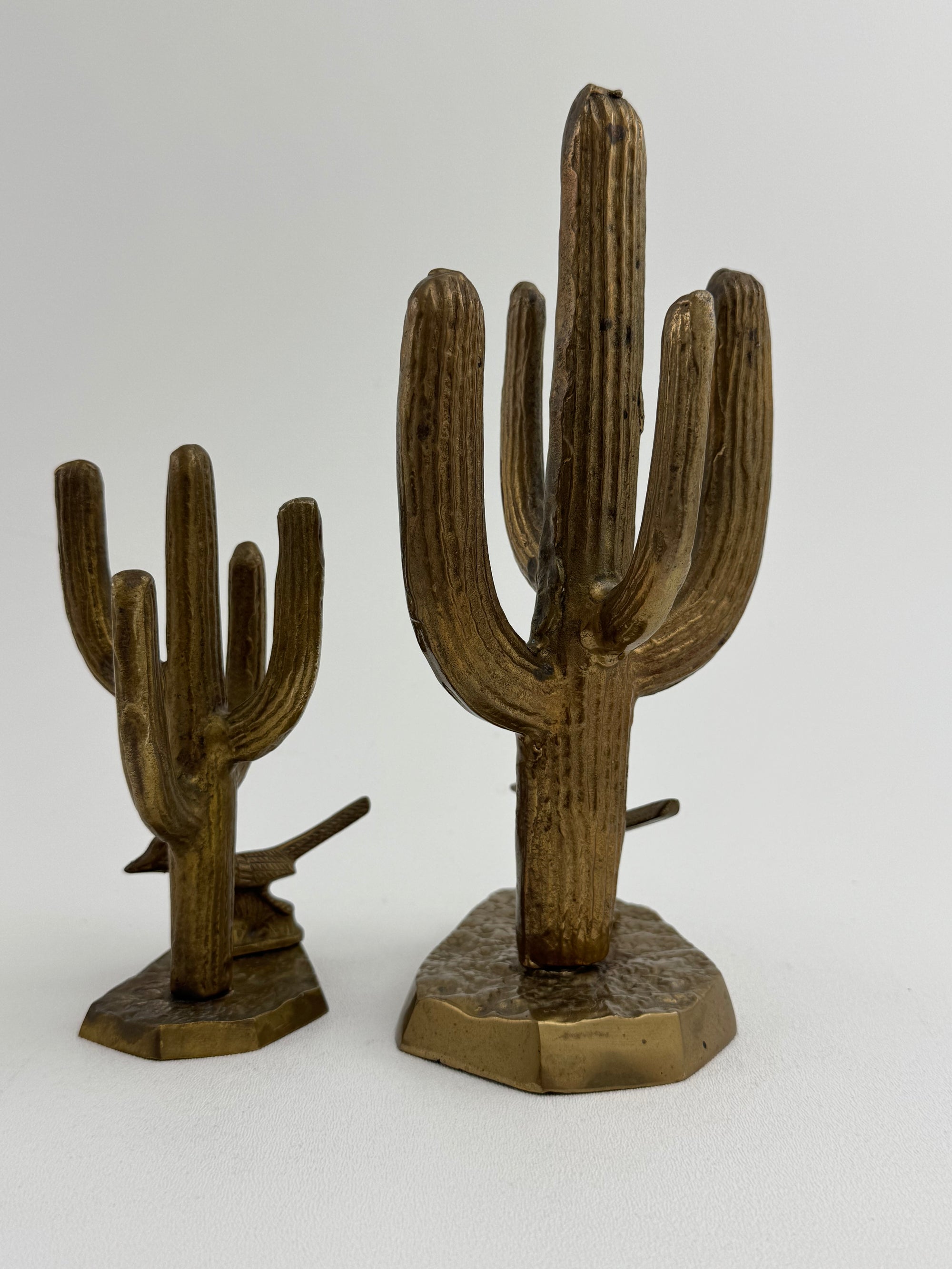 Vintage Brass Saguaro Cactus &amp; Roadrunner — Pair (Set of 2)