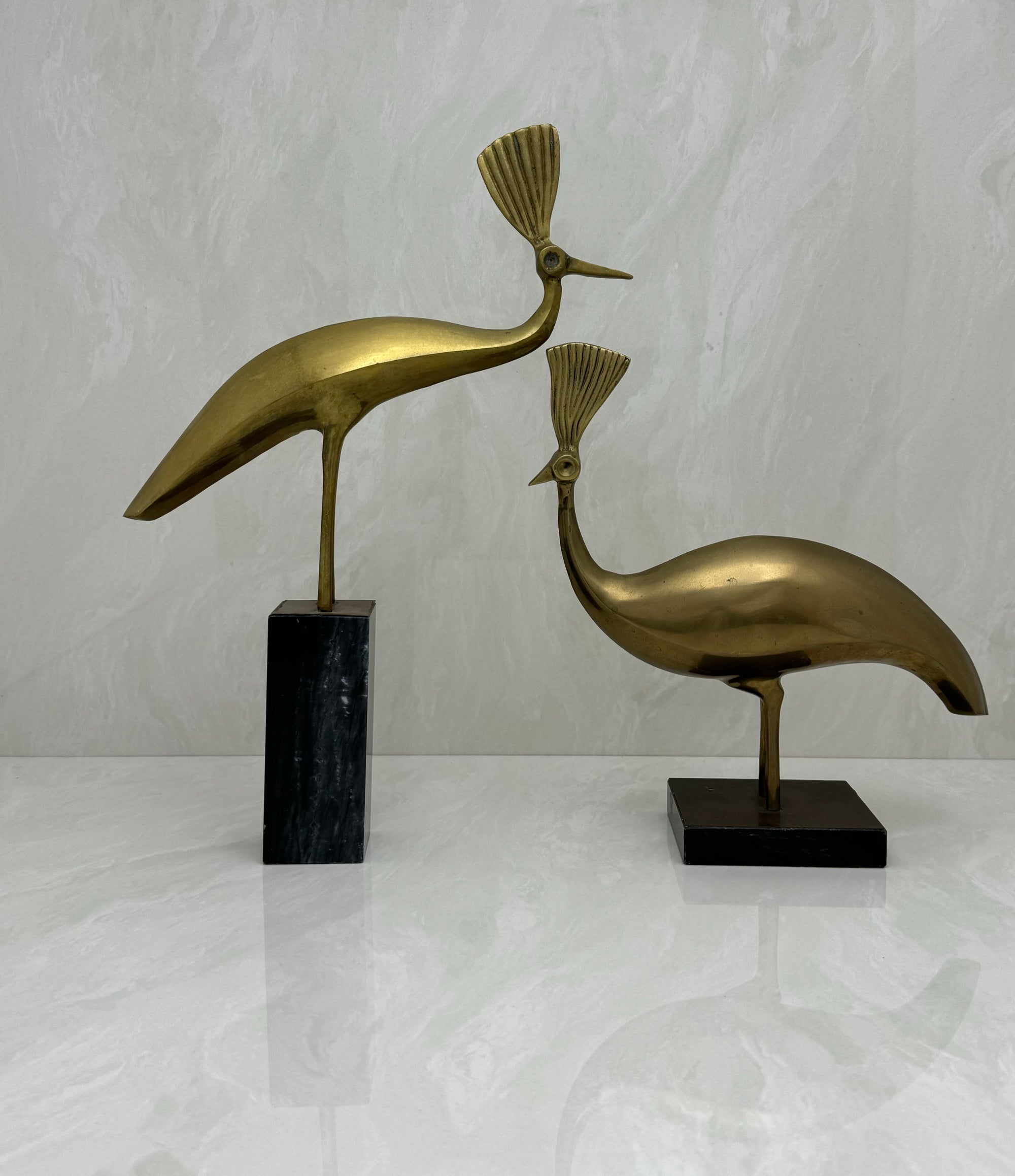 Vintage Brass Peacocks on Marble Bases- A Pair by Rosenthal Netter