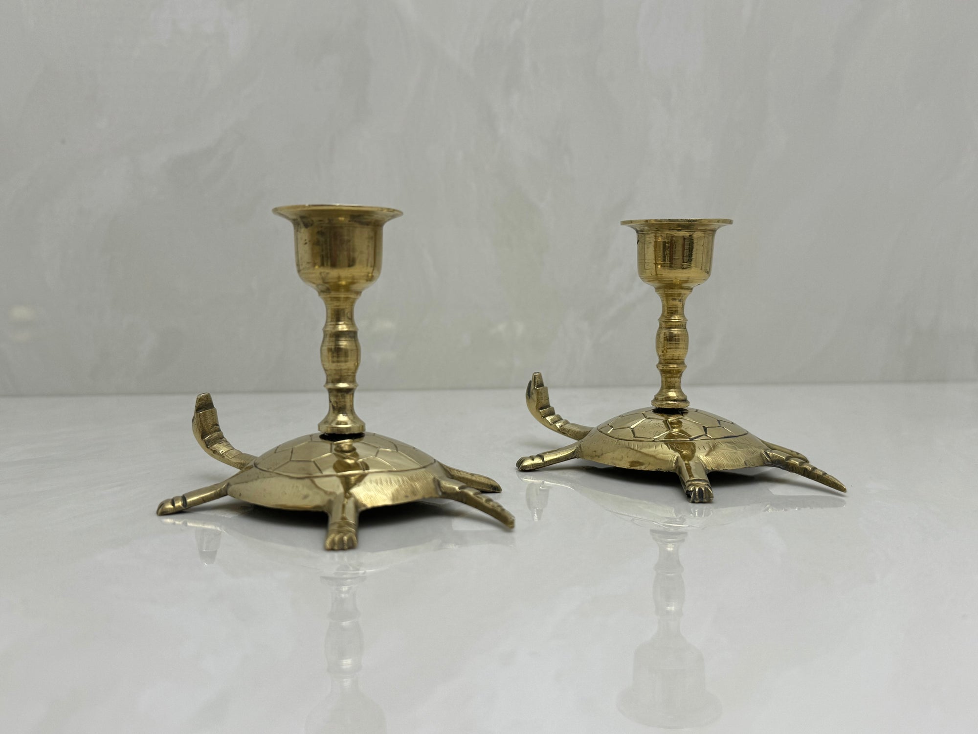 Vintage Brass Turtle Candlestick Holders- A Pair of
