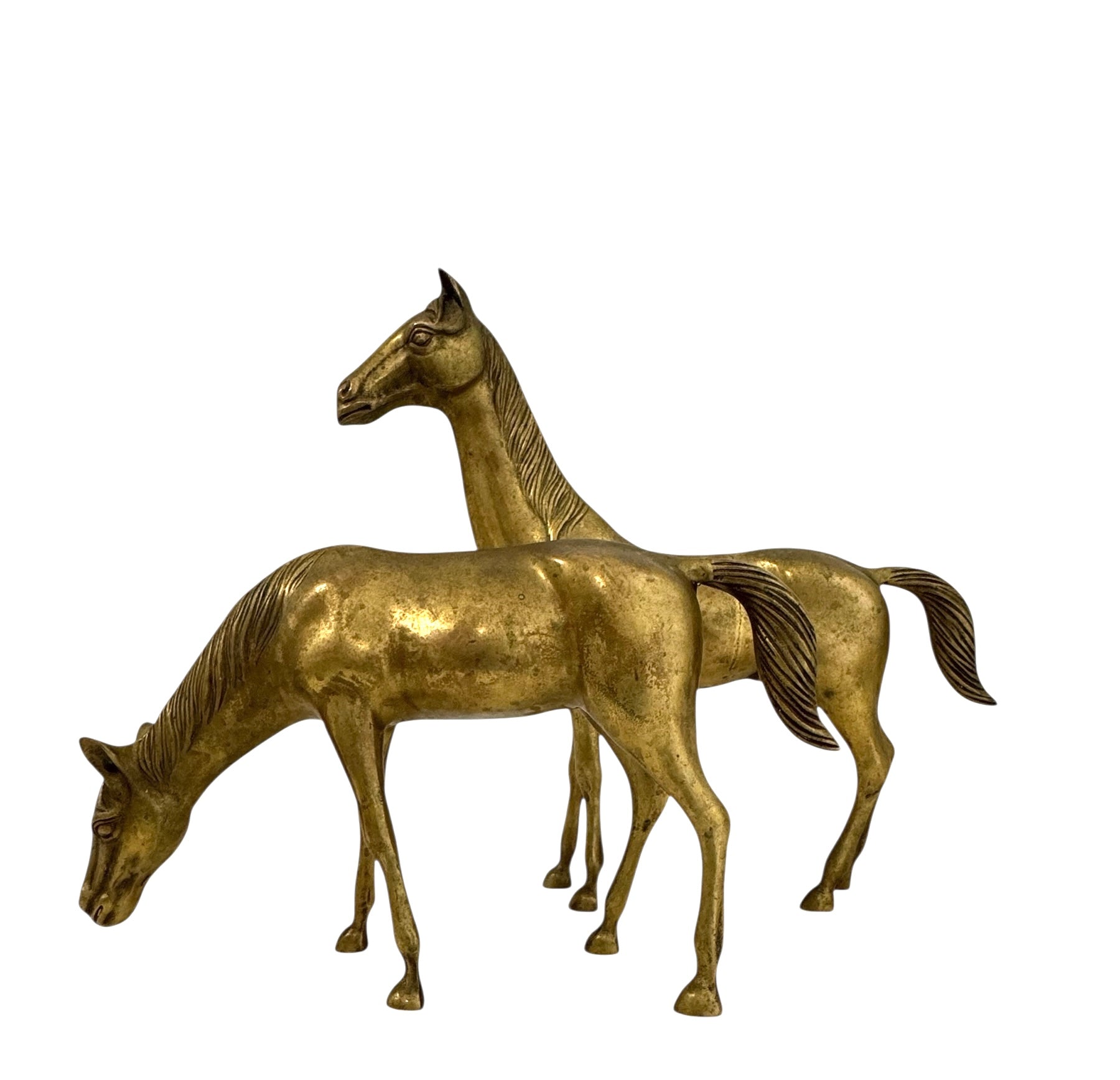 Large Vintage Brass Horse Sculptures – Grazing and Standing Pair (14.5 and 13.5 inches long)