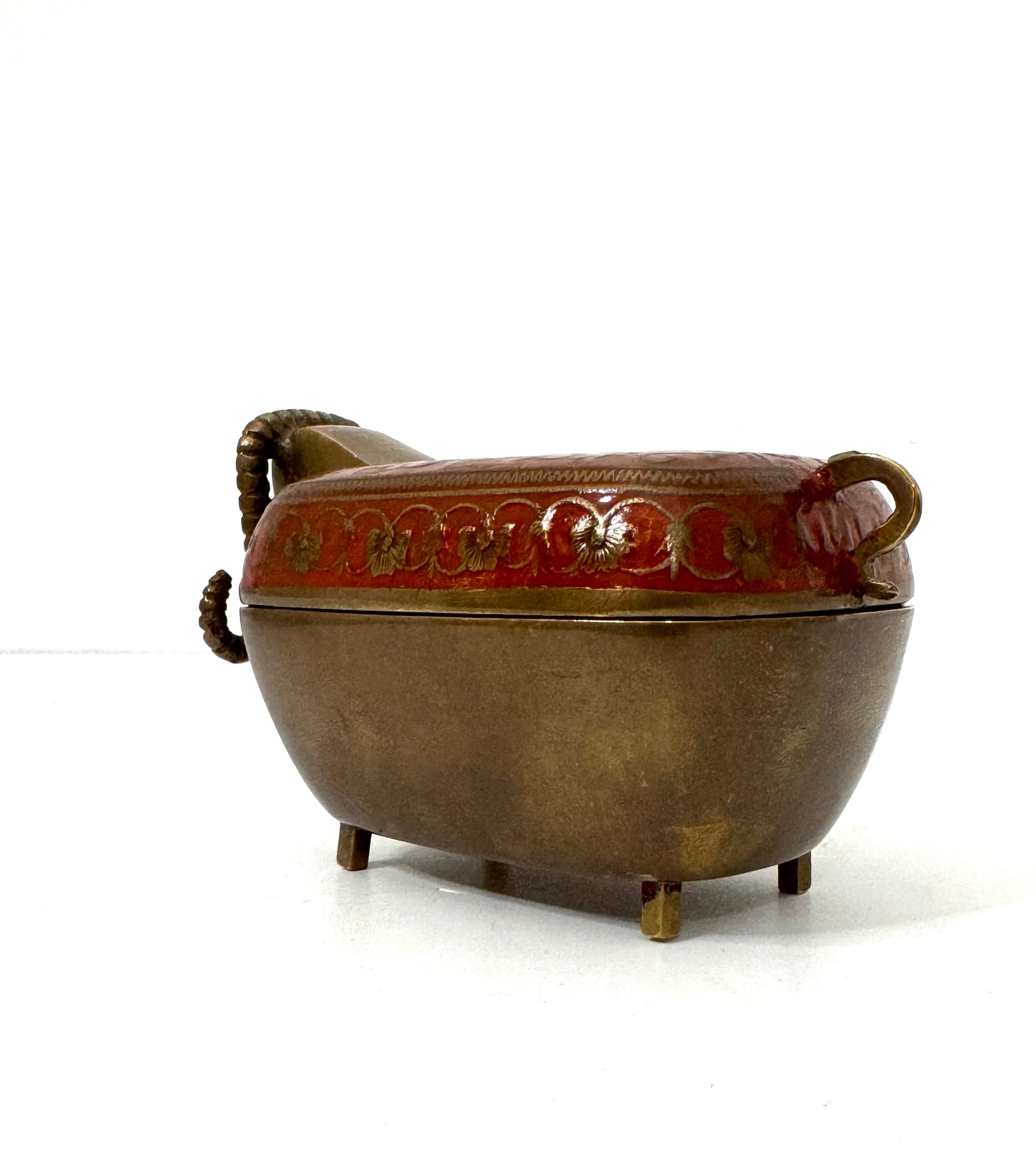 Vintage Brass Ram Trinket Box with Red Floral Enamel Lid | Mid-Century Decorative Storage Box
