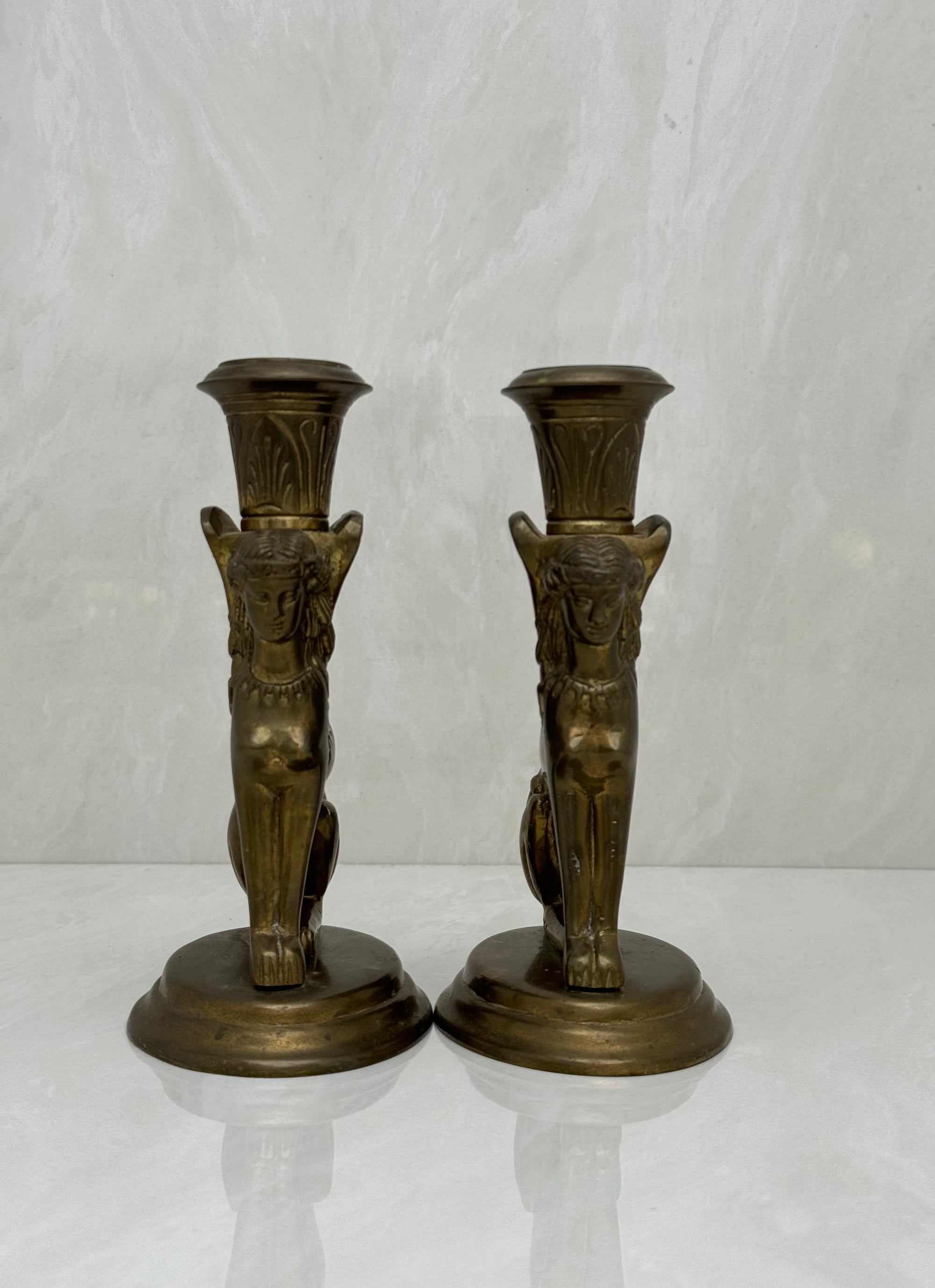 Vintage Brass Winged Sphinx Candleholders-A Pair