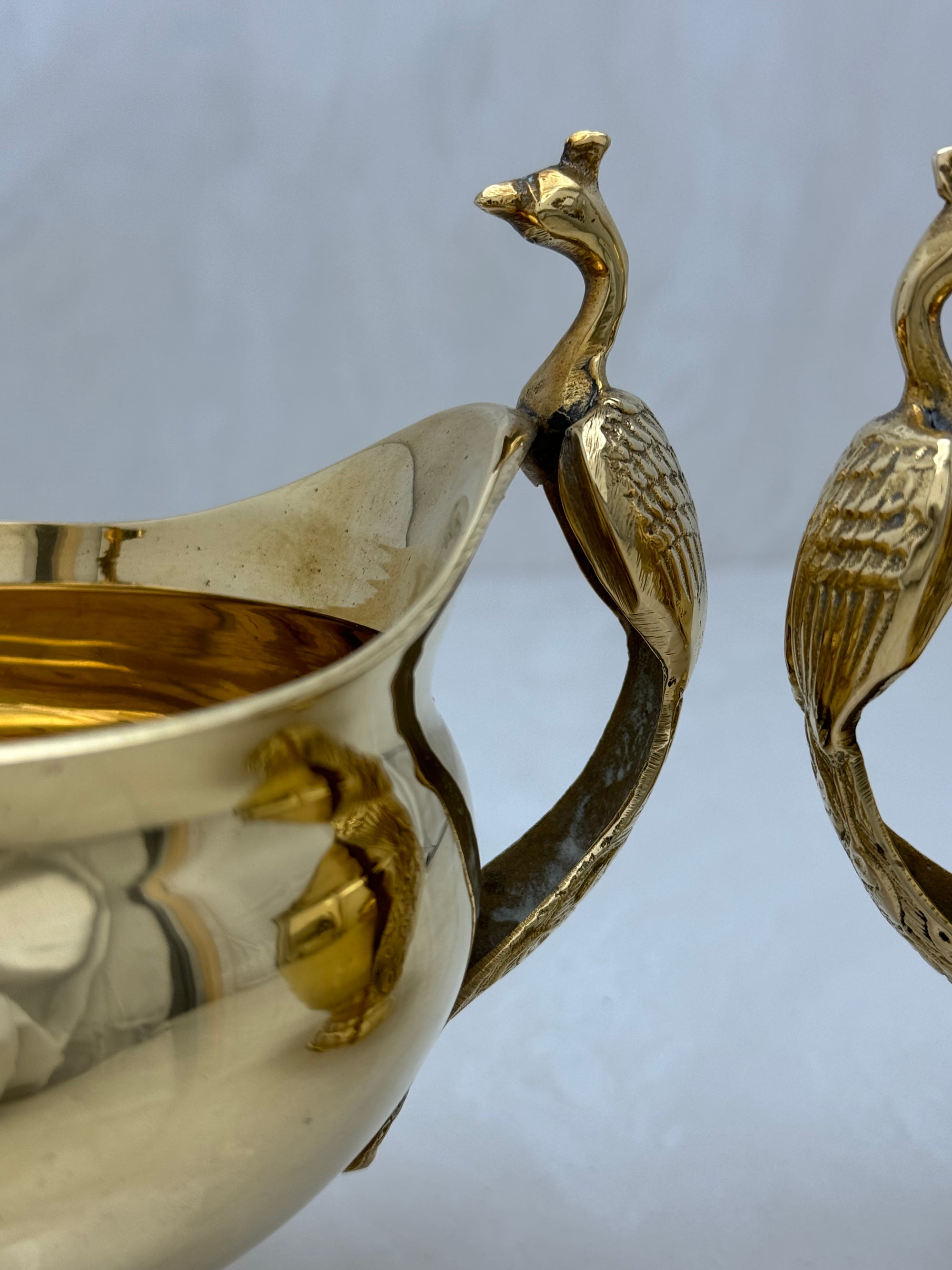 Vintage Brass Flower Bowls With Peacock Handles-A Pair