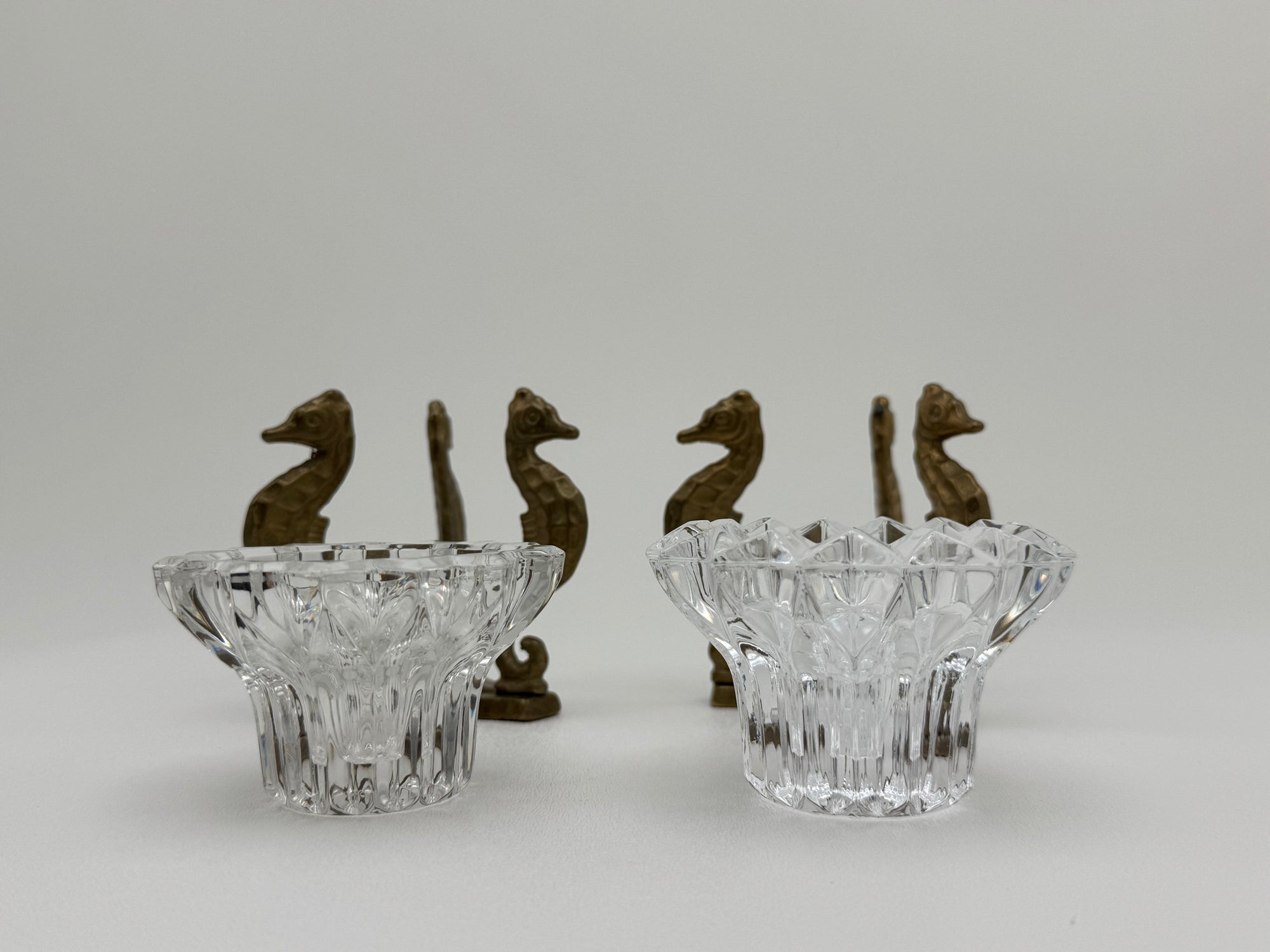 Vintage Brass Seahorse Stands with Crystal Inserts-A Pair