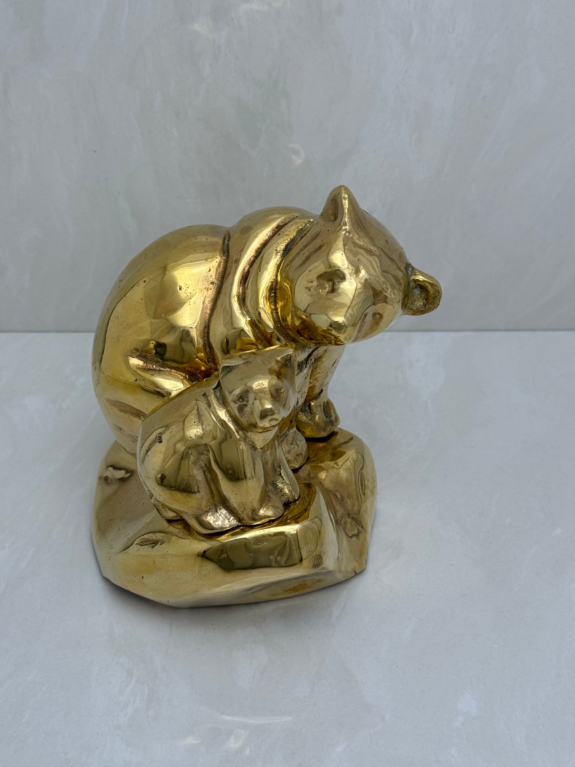 Vintage Brass Mama Bear and Cub on Rock