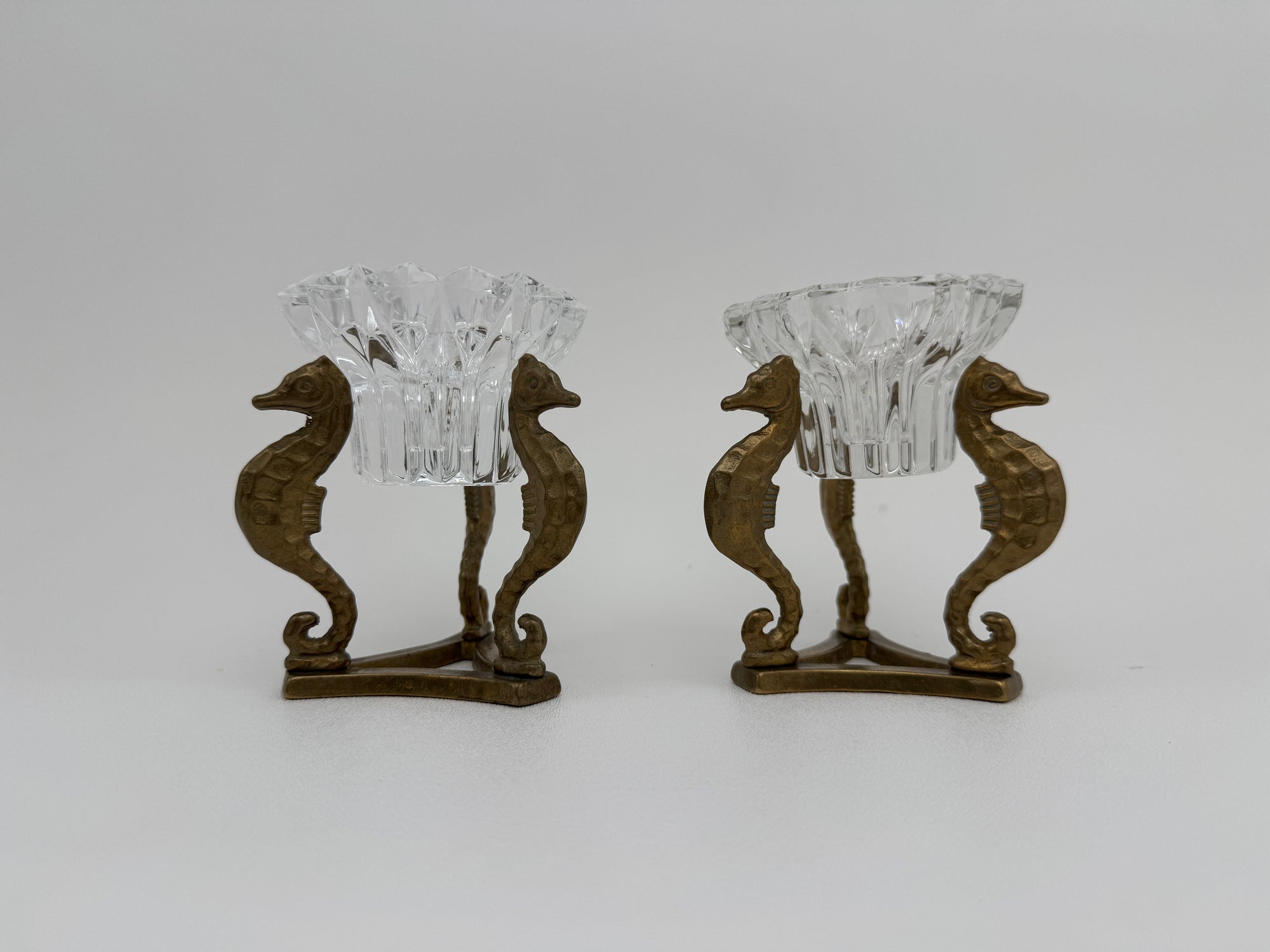 Vintage Brass Seahorse Stands with Crystal Inserts-A Pair