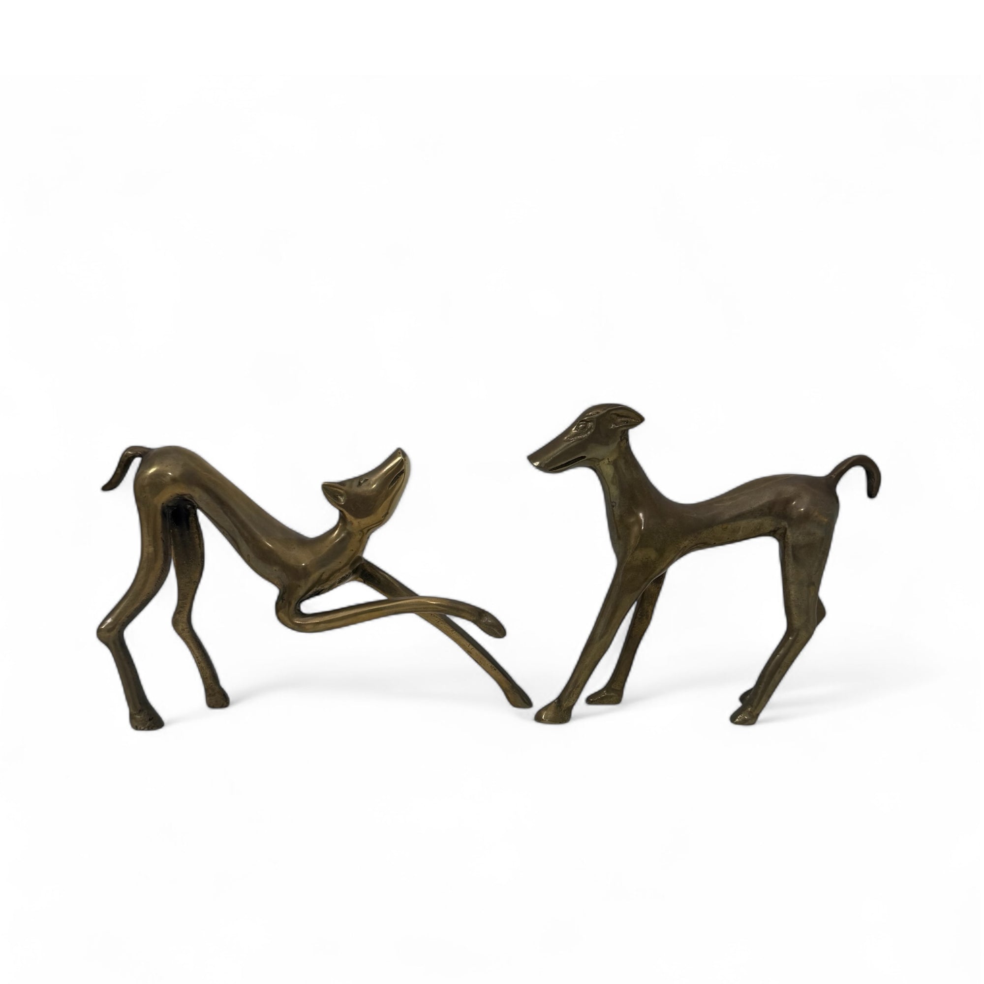 Vintage Mid-Century Brass Greyhound Dogs – Playful Pair of Sculptures