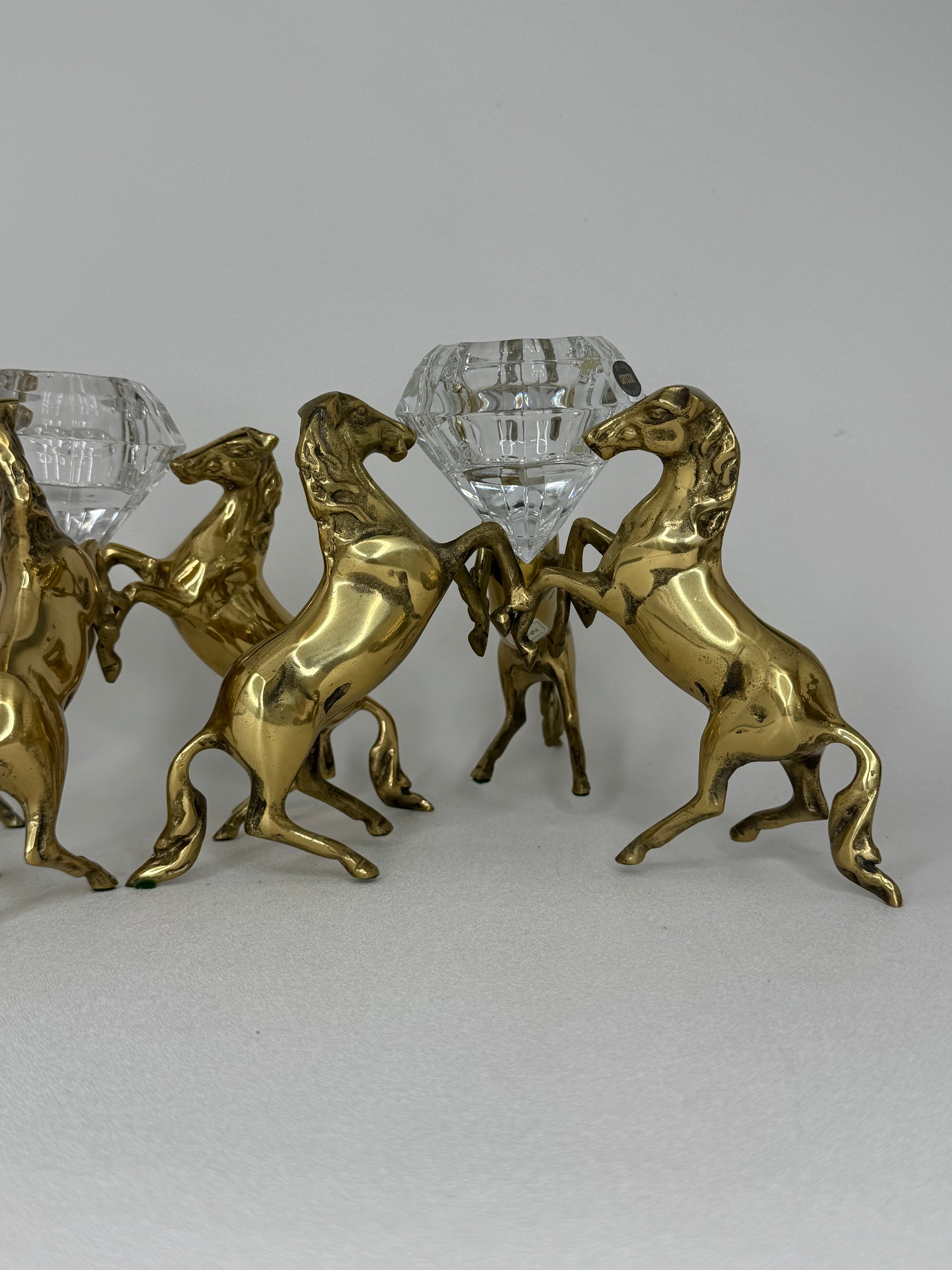 Pair of Horse Brass Stands with Crystal Candleholders Inserts