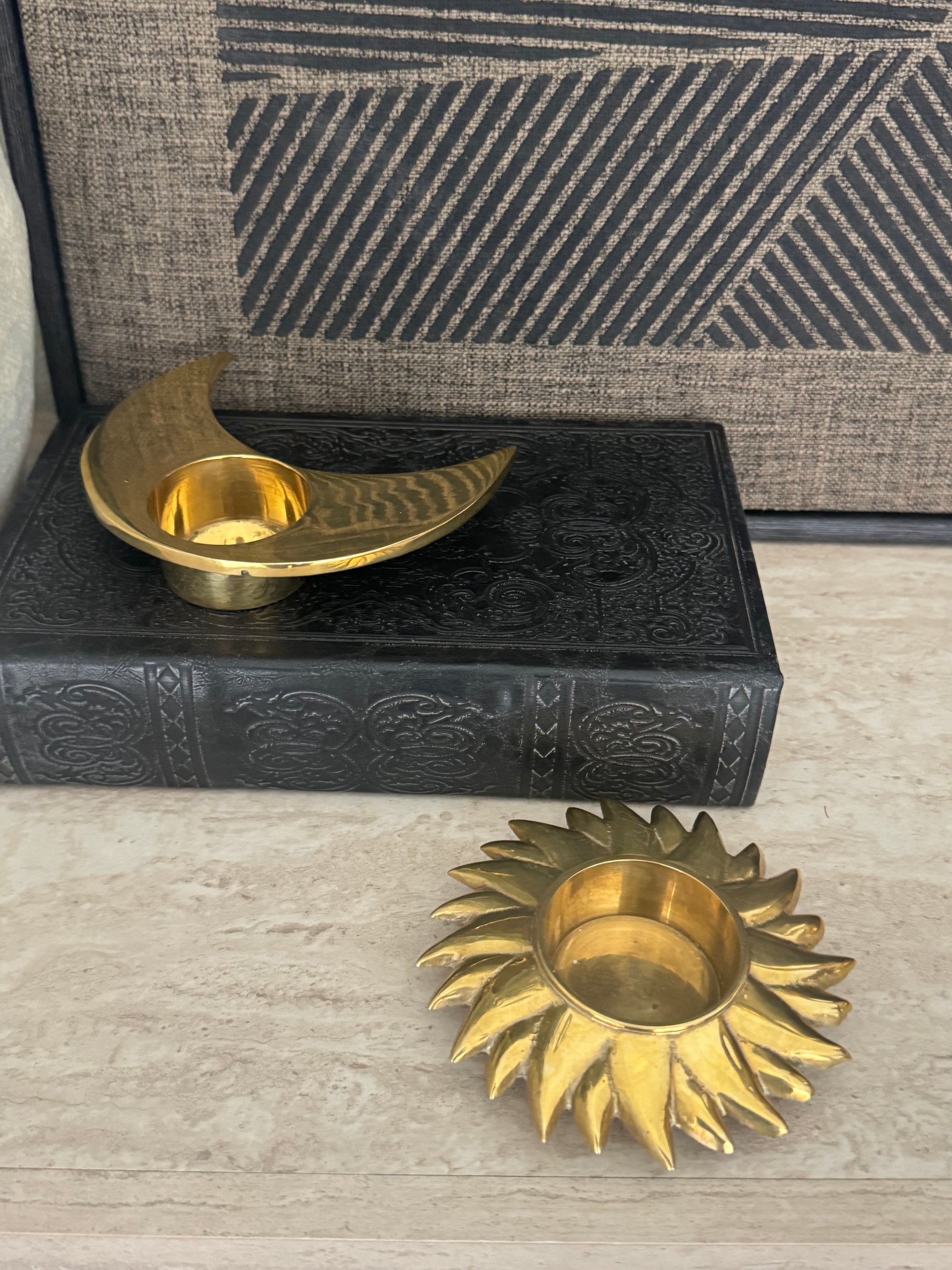 Vintage Brass Sun and Moon Candleholder-A Pair