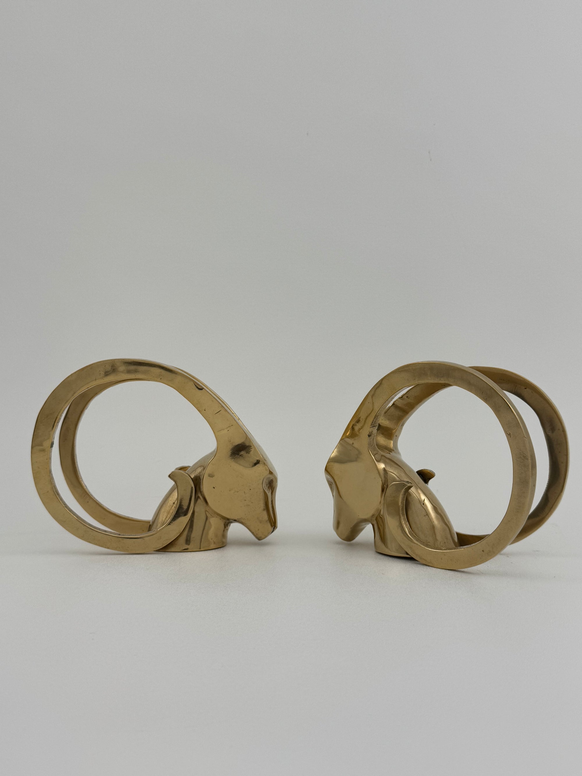 Vintage Brass Rams with Curled Horns-A Pair