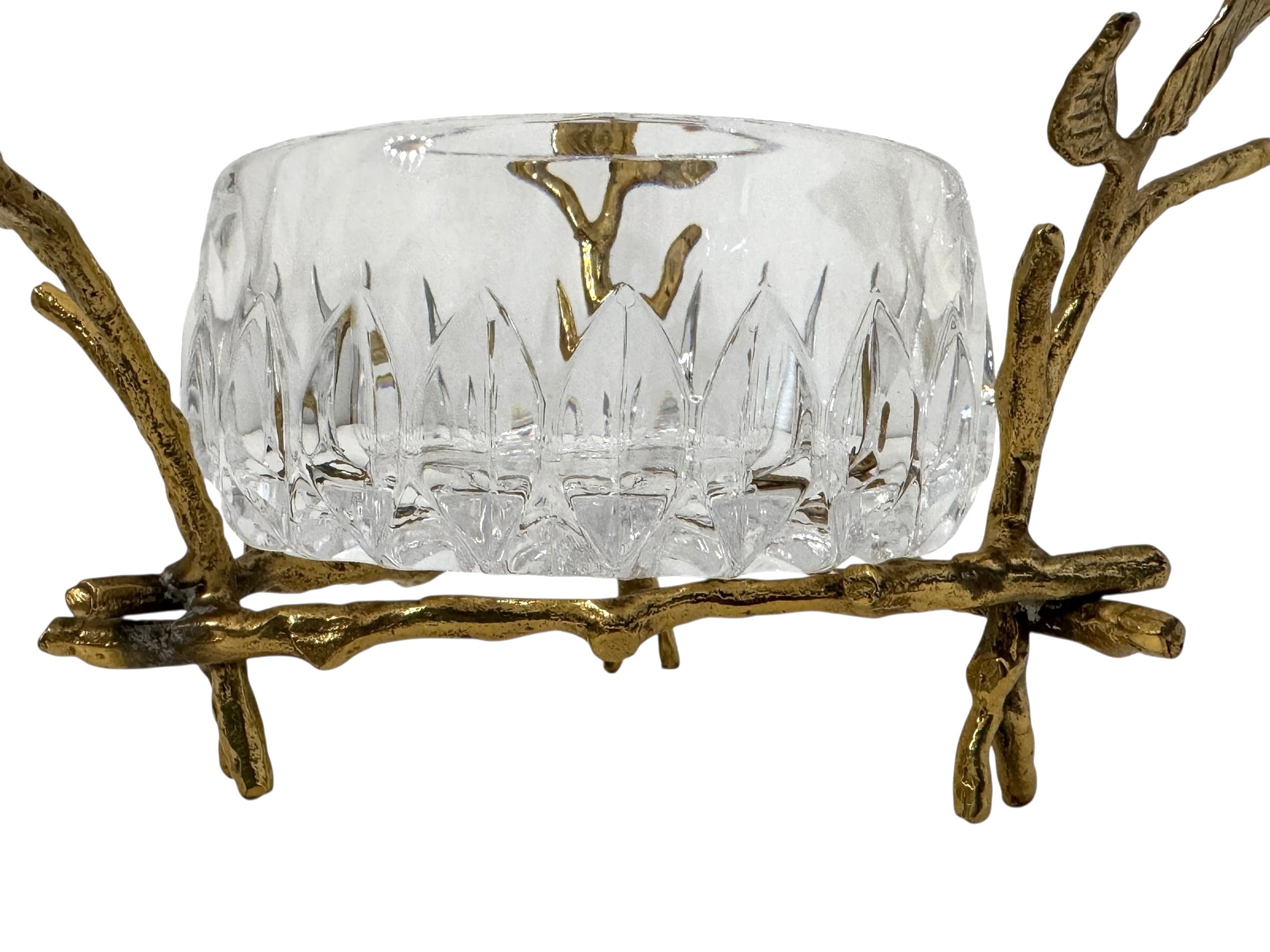 Vintage Cut Crystal Bowl with Ornate Brass Branch &amp; Leaf Stand – Mid-Century Elegance