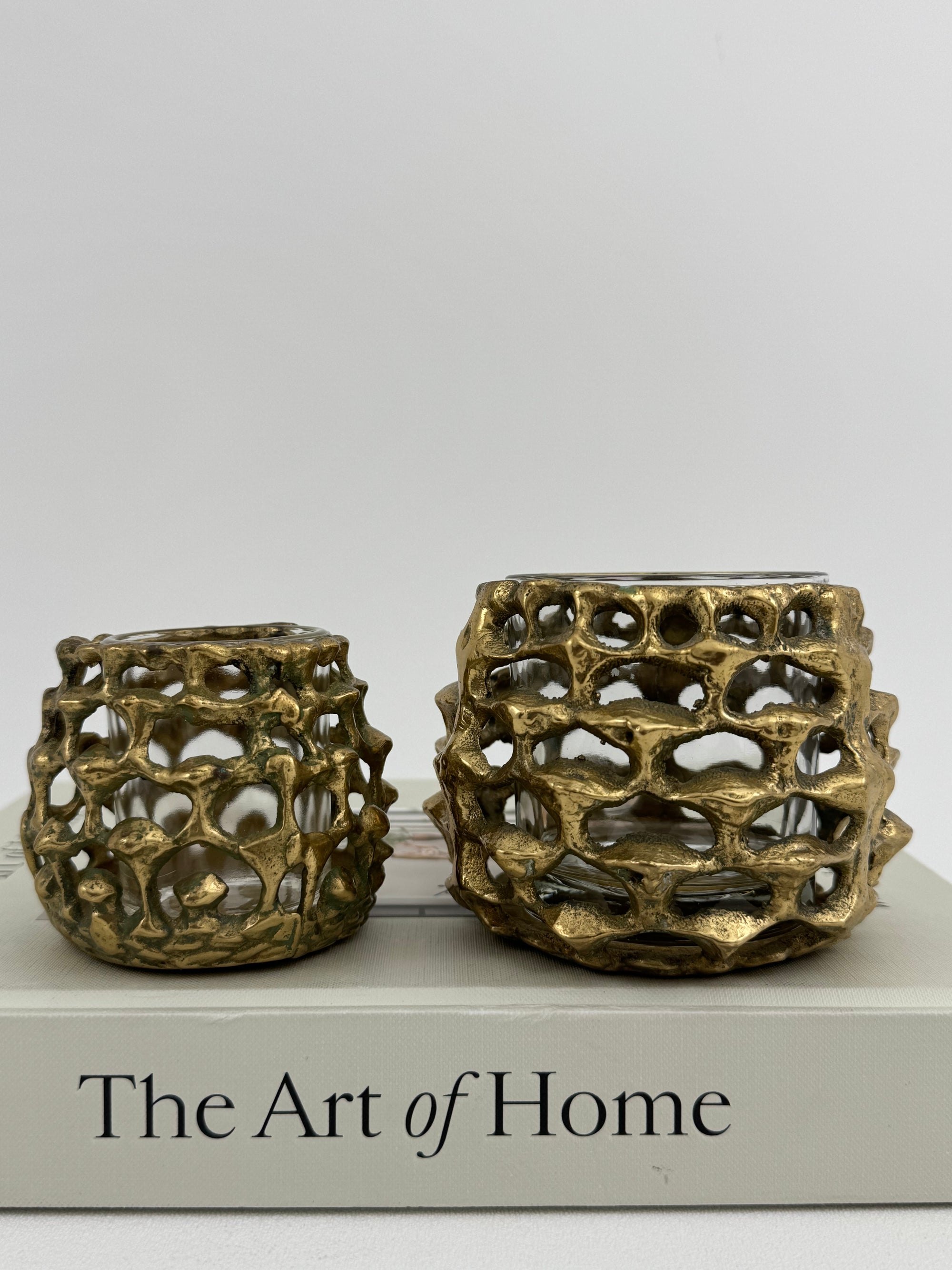 Vintage Brass Brutalist Style Candleholders With Glass Inserts-A Pair