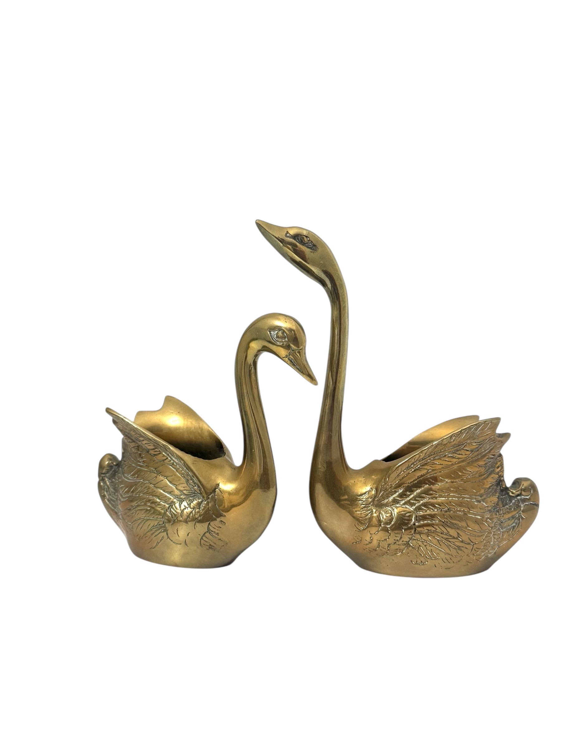 Vintage Brass Swan Planter Duo – Small Graceful Mid-Century Pair