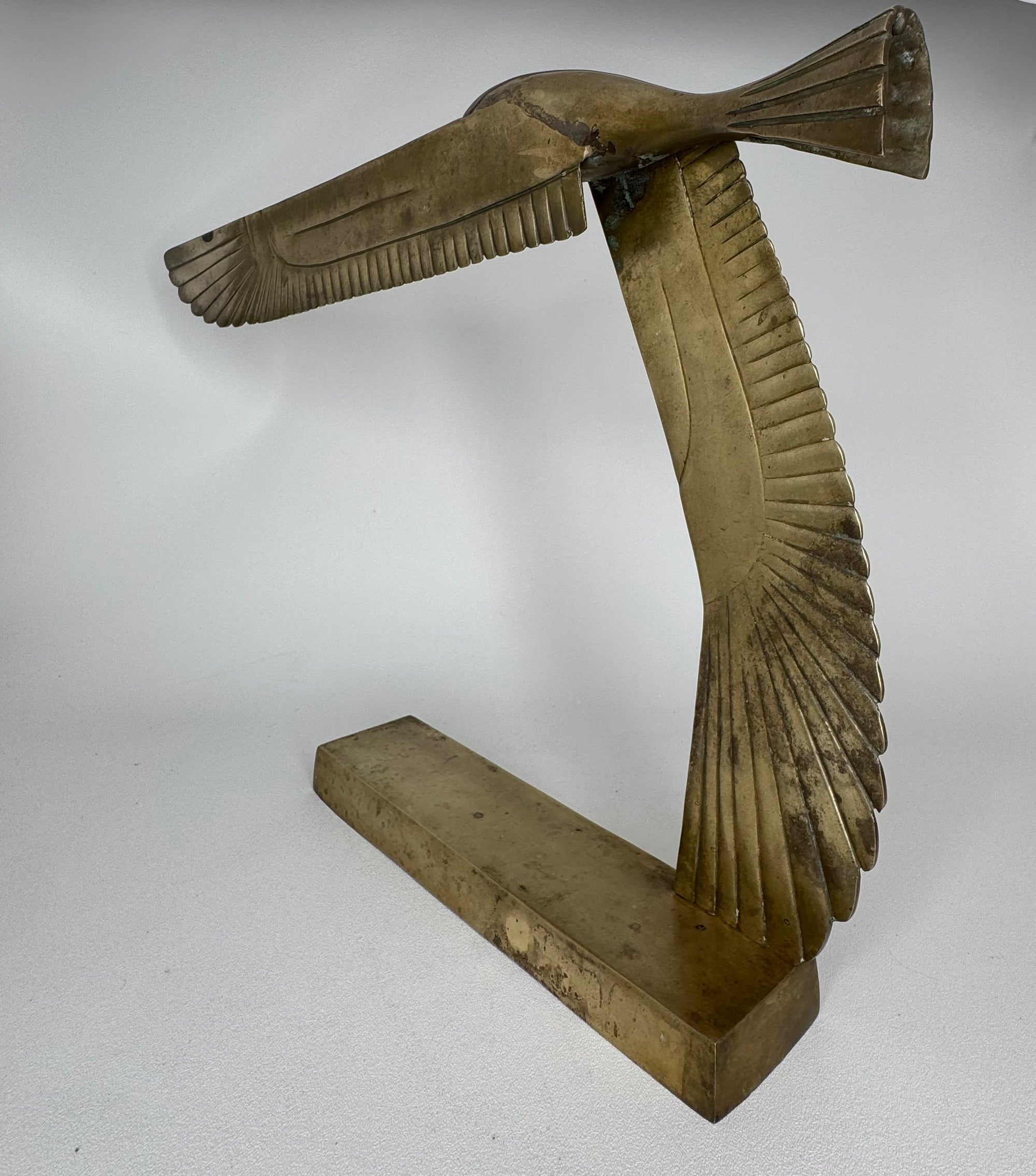 Large Vintage Brass Bird in Flight Sculpture | Modernist Crane Heron Egret Coastal Brass Art