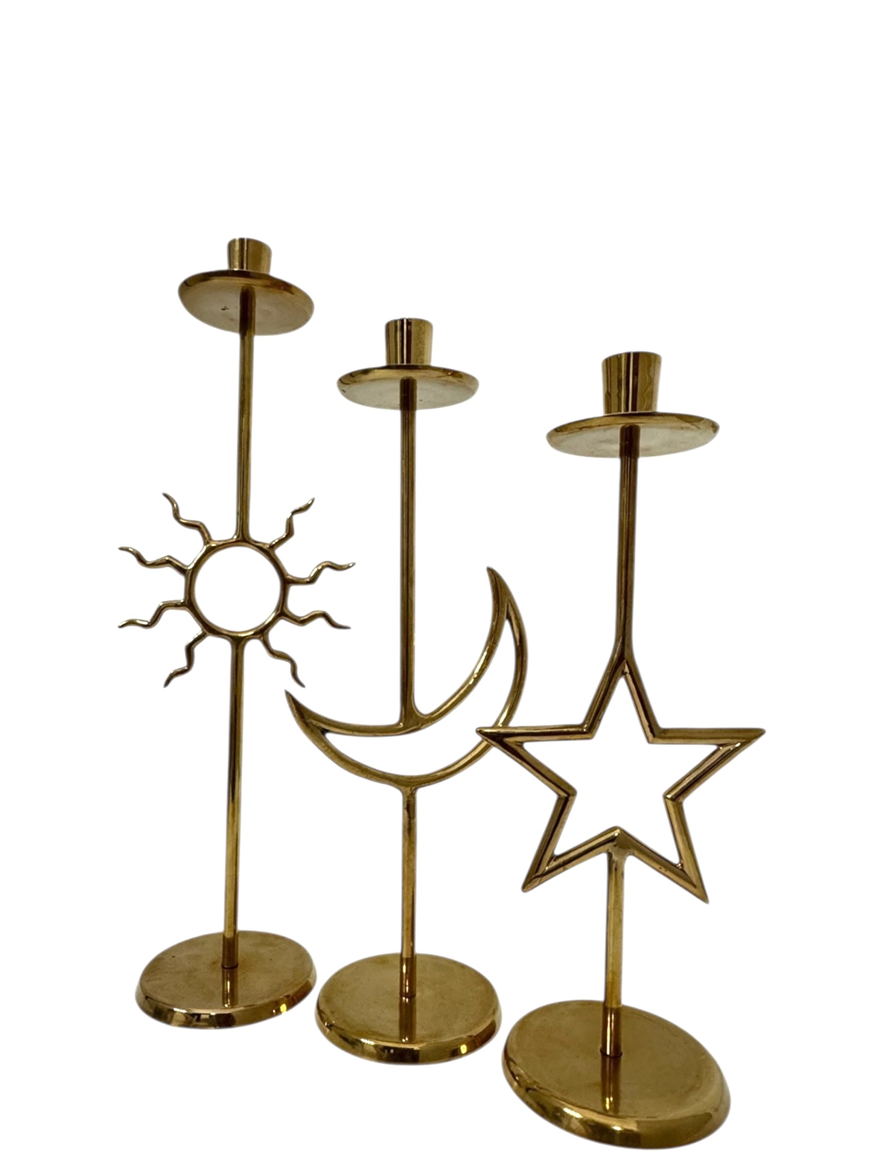 Vintage Brass Sun, Moon &amp; Star Candle Holders – Celestial Mid-Century Trio-Over 1 Foot Tall
